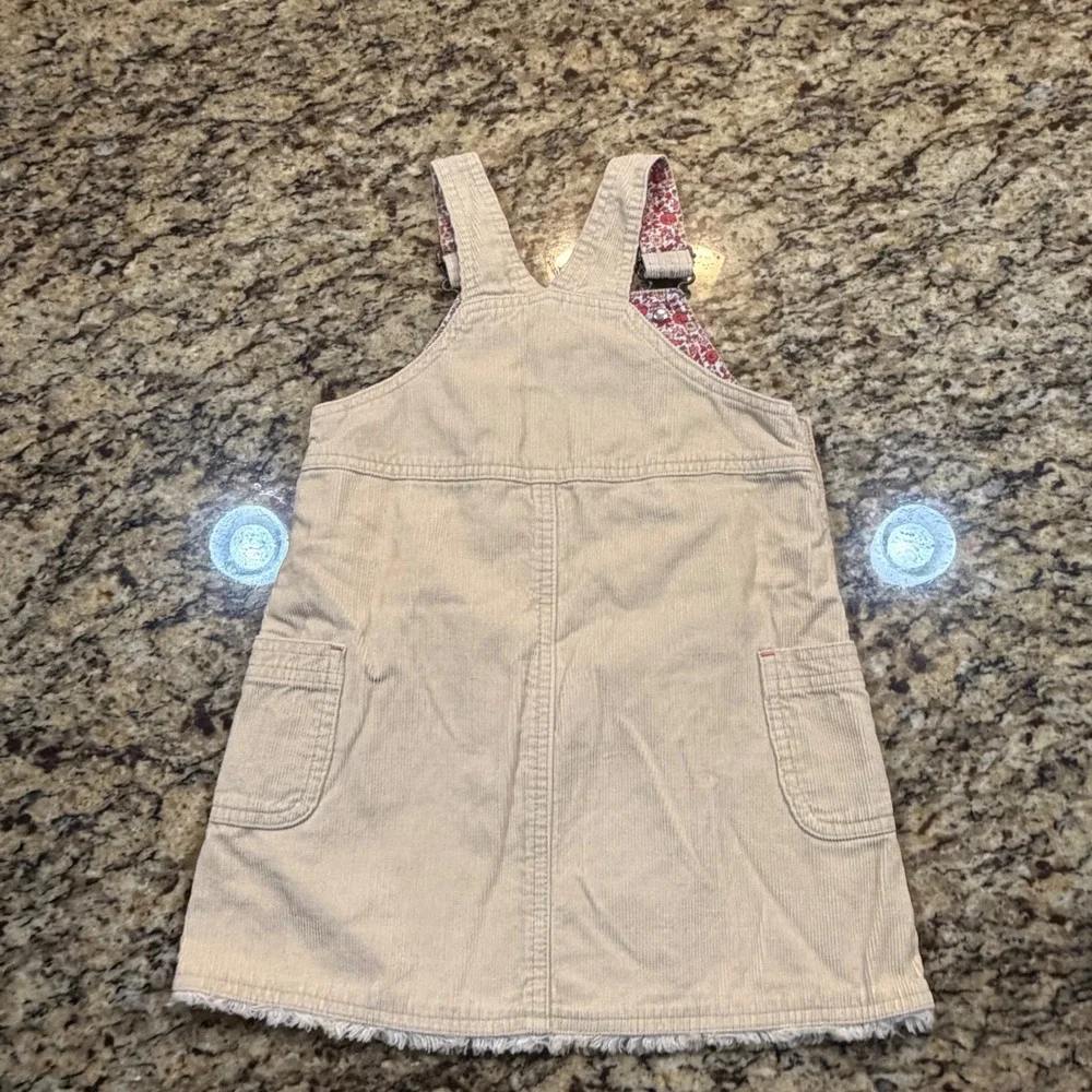 Old Navy Girls 4T‎ Tan Corduroy Overall Jumper Dress Floral Lining Frayed Hem